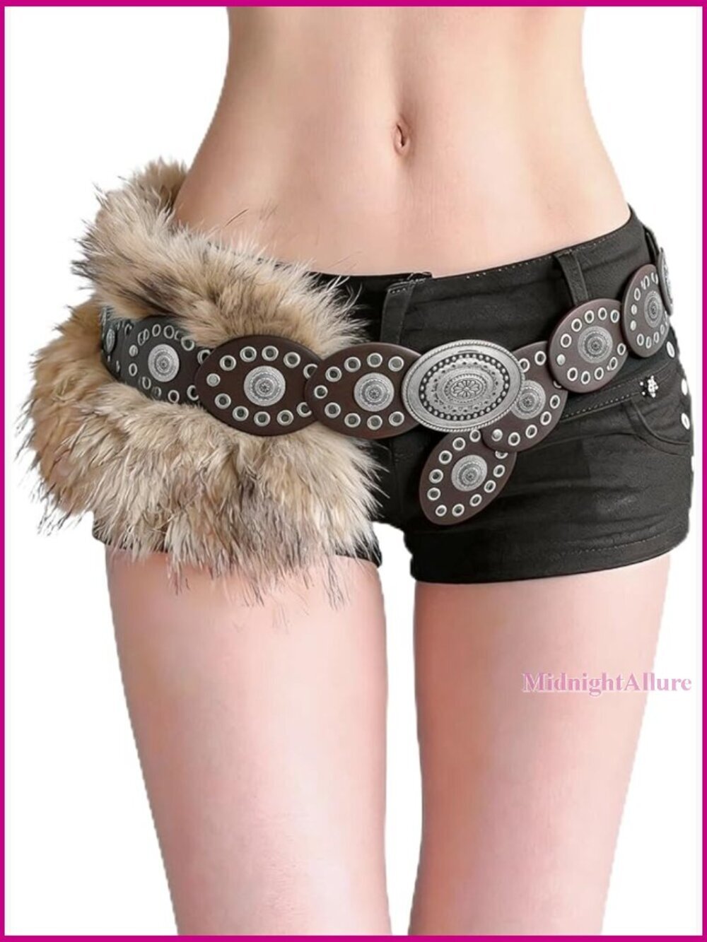 Faux Fur Studded Leather Belt, Adjustable Pin Buckle, Y2K Punk Renaissance